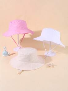 3 Stücke Kinder einfache lange Seil Kombination Fischerhut, verstellbare Größe für Outdoor Sonnenschutz, Freizeithut geeignet für Jungen und Mädchen, Frühling und Reisen, Strandurlaub, Sonnenhut, Fischerhut. - Rosa + Weiß + Beige 3 Kombinationen - Übersicht 2