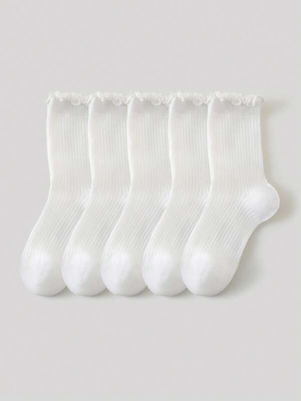 1/5 Pairs Girls White Vertical Stripe Lace Ruffle Socks, Cute Princess-Style Socks, Suitable For Daily Wear, Parties, Back To School, All Seasons