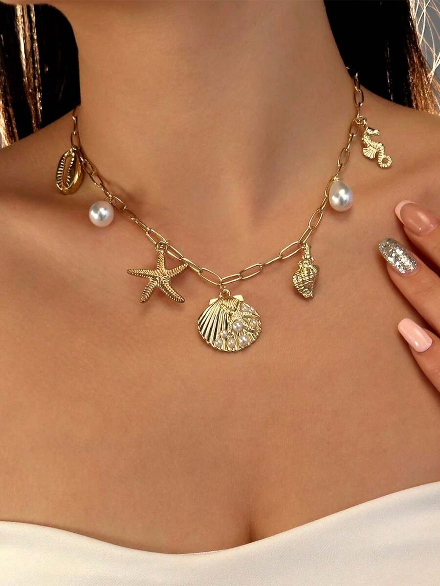 1pc Beach Style Pearl Shell Starfish Conch Pendant Necklace, Suitable For Women's Daily Accessories, Vacation, Date, Gifts