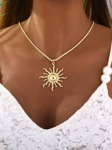 1pc Summer Sun Face Pendant Necklace - Yellow Gold - View 8