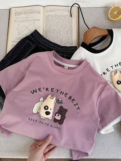 2025 Summer New Arrival Letter & Cartoon Bear Graphic Round Neck T-Shirt, Casual Fashion Versatile For Young Boy