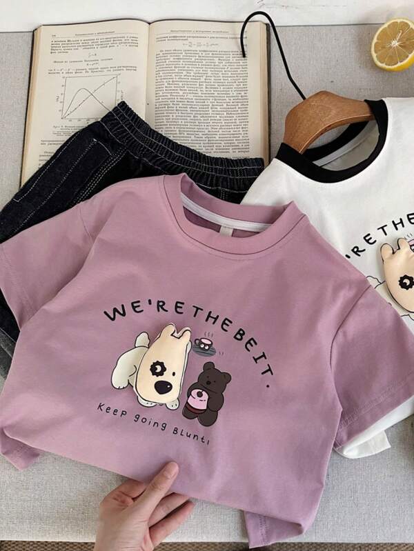 2025 Summer New Arrival Letter & Cartoon Bear Graphic Round Neck T-Shirt, Casual Fashion Versatile For Young Boy