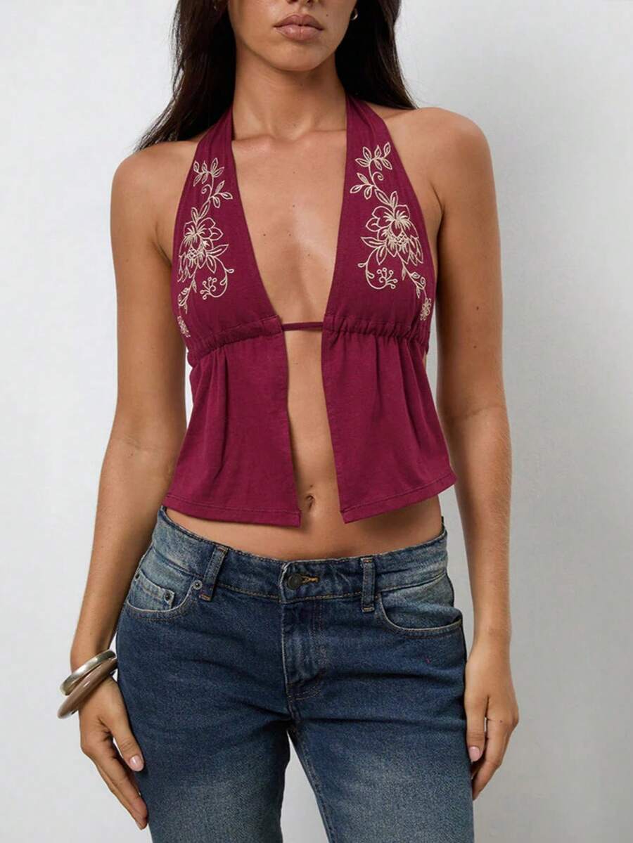 Women Open Front Halter Tops Y2k Floral Deep V Neck Slim Fit Tank Top Sleeveless Backless Camisole Crop Tops Summer Vests Shirts Going Out Tops Vinatge Aesthetic Clothes Party Streetwear - 紅色 - 查看 1