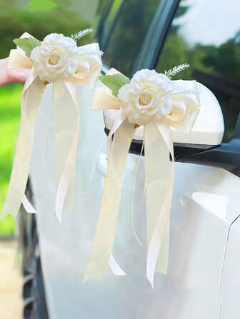 2/1pc Wedding Car Rearview Mirror Door Handle Bow Decoration European And American Retro Color Lavender Fleet Flower Wedding Chair Back Flower Wedding Gift Car Flower