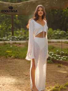Sexy Knit White Cut Out 2 Pcs Set 2025 Women's Summer Bell Sleeve Lace-Up Loose Top Beach Vacation Half Skirt Two Pieces - White - View 7