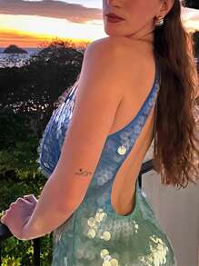 Women Halter Neck Dress Casual Contrast Colors Sequins Cowl Neck Backless Mini Party Dress For Beach Club Streetwear