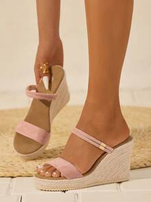 Women's Platform Thick-Soled Sandals, Rope Woven Straw Shoes, Simple Single-Strap Design, Square Toe High Heels Slide Sandals - Dusty Pink - View 2