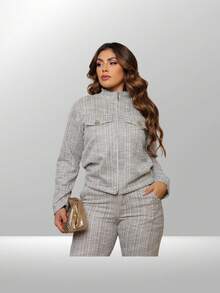 Women's Tweed Set, Zippered Jacket And Pants With Functional Pocket, Winter 2025 - 灰色 - 查看 2