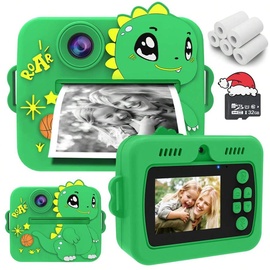Fotocamera istantanea per bambini, fotocamera istantanea per bambini con 3 rotoli di carta per stampa e 5 penne colorate, regalo di Natale e compleanno, giocattolo fotografico ideale per la creatività e il divertimento, regalo per bambini e bambine 3-12 anni (rosa/verde/viola). Opzioni disponibili: singola macchina fotografica o set da 32GB con 5 rotoli di carta - Natale, compleanno, Capodanno, Ognissanti