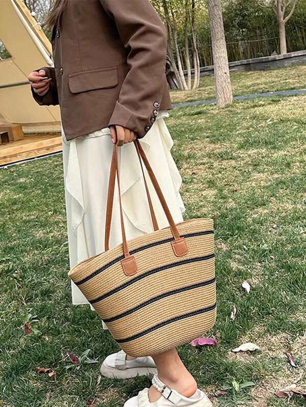 1 Conjunto Chapéu de Aba Larga e Bolsa de Grande Capacidade em Estilo Boêmio Verão Feminino - Chapéu de Proteção Solar Elegante para Férias na Praia & Bolsa de Ombro, Adequado para Viagens ao ar Livre, Compras, Trabalho e Combinação Diária