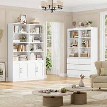 Furchen Bookcase, Bookcase, Storage Shelf, Display Shelf, Wooden Shelf, 2-Row, With 2 Doors, For Office, Living Room, Study, 115 X 27 X 185.5 Cm - 白色 - 查看 3