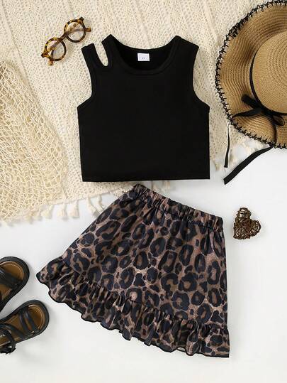 2pcs/Set Young Girls Summer Simple Solid Ribbed Hollow Design Sleeveless Crop Top + Minimalist Leopard Print Mini Skirt