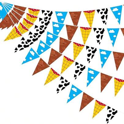1 Set/12piezas Decoraciones de fiesta de dibujos animados, Artículos para fiestas , Guirnalda de nubes blancas en cielo azul, Decoraciones de pastel con estampado de vaca, Banderines y banners colgantes para decoración de fiesta, Banderas triangulares para celebración de cumpleaños
