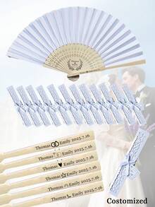 1/10pcs, 21cm Fabric Hand Fan With Customizable Text, Comes With Hollow Carved Gift Box And Thank You Card. Suitable As Bride, Bridesmaid, Wedding Favor Gifts, As Well As Learning Supplies For Teenagers, Middle/High School, College Students, Clothing Accessories, Halloween Themed Gifts For Boyfriend, Girlfriend, Family And Friends