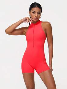 Sodalemon 女士紧身拉链连体裤，露背蜜桃臀设计，适合瑜伽和健身，夏季款 - 紅色 - 查看 4