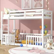 3FT Bunk Bed, Bed With Fences And Door, With Fall Protection And Railings, Solid Wood, White (190x90cm) - White - View 4