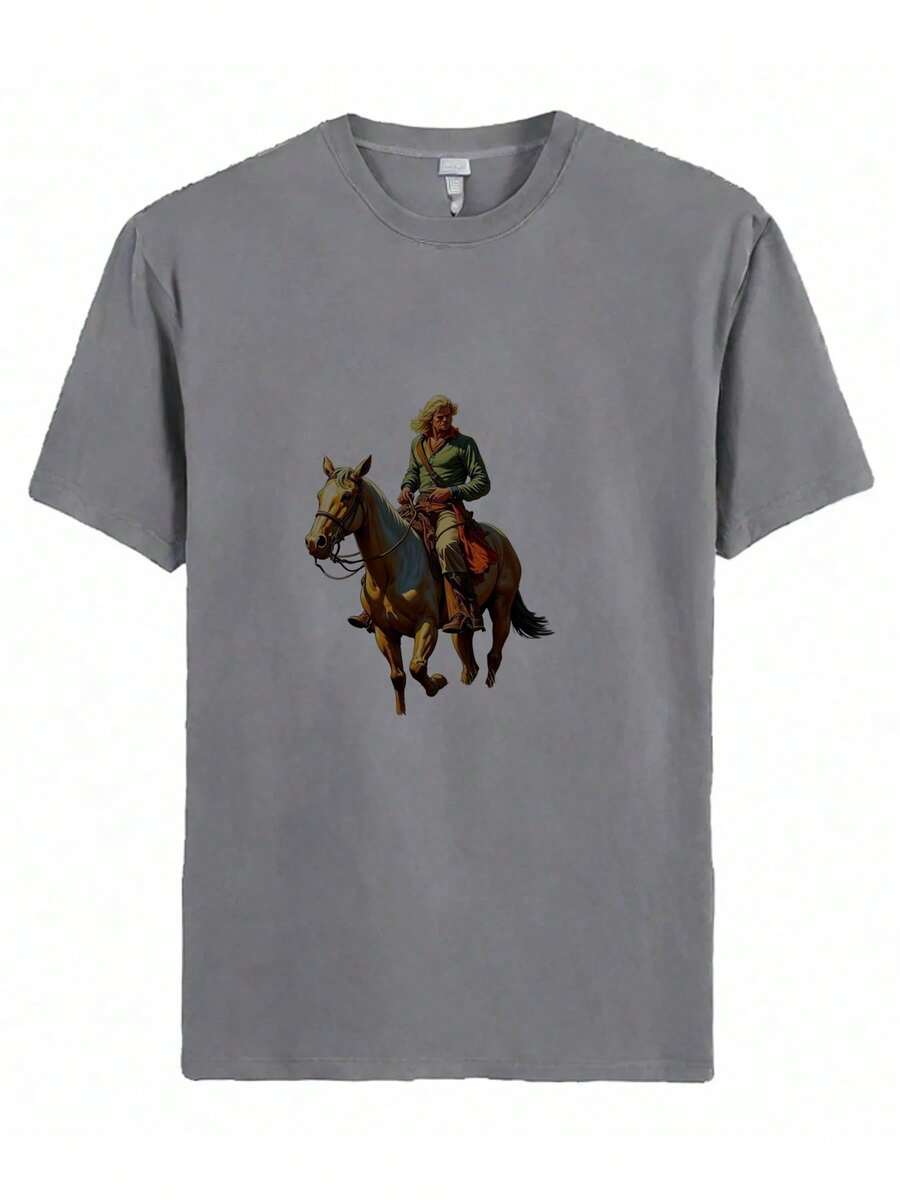 2025- Man Riding A Camel With A Spear, Wearing A Blue Outfit And A Large Hat, On A Magazine Cover With Mountains In The Background Summer Hot-Selling Gender-Neutral T-Shirts - 灰色 - 查看 1