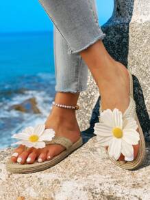 Damen Khaki Sommer Neue Leinen Seil Zehenstegsandalen, flache modische Lässig Pantoffeln mit Blumen, offene Zehenpartie
