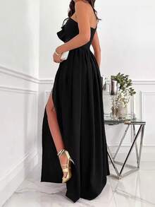 Vestido Con Abertura Elegante Fiestas De Noche Mujer, Vestidos Para Fiestas Elegantes,Vestido De Noche De Fiesta Con Un Hombro Para Mujer,Vestidos De Fiesta,Vestidos Largos Elegantes - Negro - Ver 3