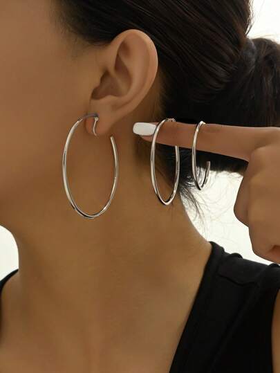 3 Pairs Women Minimalist Metal Hoop Ear Clips, Versatile Accessory For Dates, Vacations, Parties, New Year, Valentine's Day Gifts