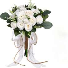 Artificial Eucalyptus & White Flower Bridesmaid Bouquet, Pre-Made Small Floral Arrangement For Wedding Centerpiece, Party/Ceremony Anniversary Tabletop Decor