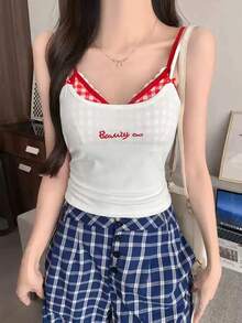 女式黑色二合一格子花卉蕾丝刺绣字母图案修身吊带背心，夏季 - 白色 - 查看 2