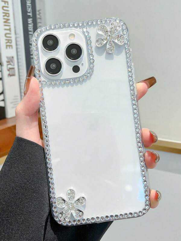 Transparent Fashion Luxury Diamond Crystal Flower Five-Star Double Flower Bright Diamond Shell Soft Shell Phone Case Compatible With Apple Phone 16PROMAX