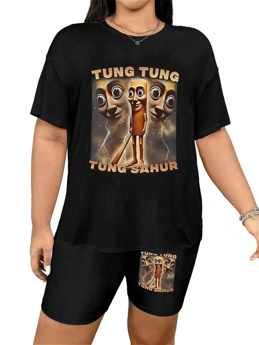 TUNG TUNG TUNG SAHUR Brainrot Italian Brainrot Animals, Humor Prints Women's Suit, Casual Crew Neck T-Shirt And Shorts, Machine Washable, Comfortable Outdoor Activity Wear For All Seasons Plus Size 1XL-5XL - Black - View 1