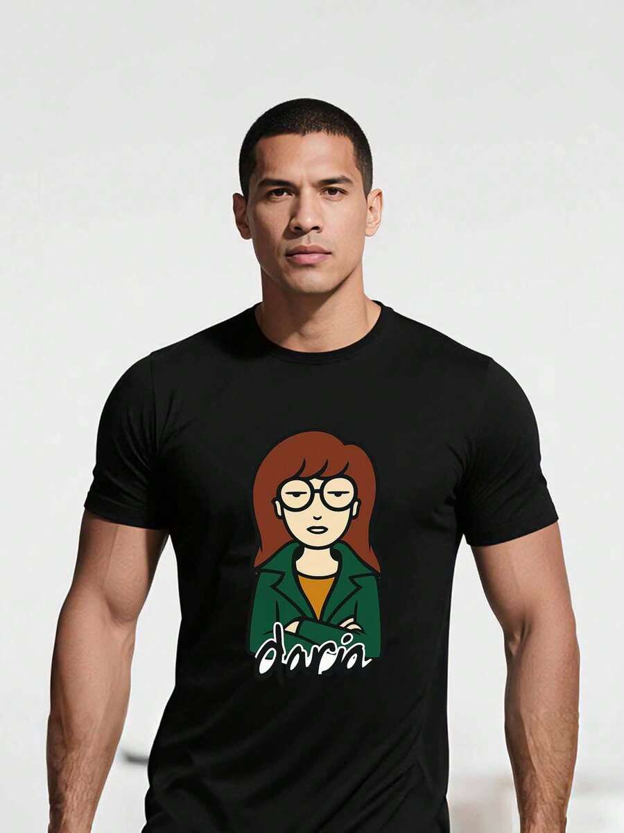 Hombres Playeras Negra Camiseta con Estampa del Anime Daria