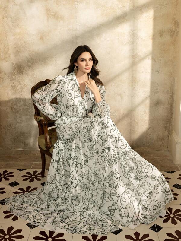 Rochie de seară elegantă din șifon cu imprimeu floral și talie structurată, rochie evazată în straturi pentru banchete de seară și recepții la galerii de artă, rochie formală, rochie de petrecere, pentru invitați la nuntă