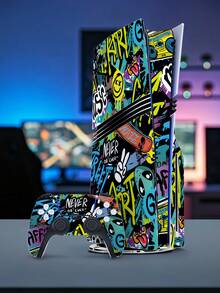 Juego de 4 piezas de piel de vinilo con estilo de graffiti para consola y controlador de juegos DISC Pro - Resistente a los arañazos, impermeable, a prueba de polvo - Envoltura de adhesivo con tema dinámico de graffiti de juegos genial - Multicolor - Ver 14