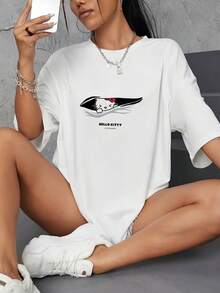 Sanrio 1 件 Hello Kitty 女式休闲卡通印花圆领短袖 T 恤图案肩部 T 恤女式上衣家居服打底衫女士夏季服装 Kuromi My Melody Hello Kitty 商品