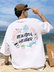 200g Cotton T-Shirt 2025 Men's New Short-Sleeved Cotton Vacation Pattern Short-Sleeved Crew Neck Matching Look - 白色 - 查看 1