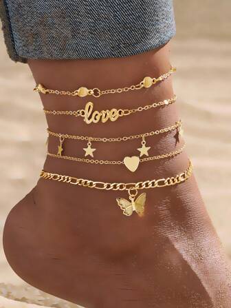 5 件/波西米亚风五角星蝴蝶 LOVE 脚链，女士珠宝，黄金首饰，日常、婚礼、派对、礼物