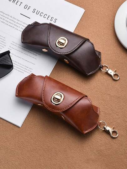 1pc Retro Textured PU Leather Eyeglasses Storage Case, Portable Sunglasses Pouch With Snap Closure & Neck Strap (Chain Included), Travel Essential, Suitable For Women
