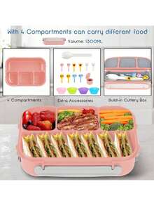 Lonchera para niños escolares niñas, lonchera Bento Box para adultos termicas hombre plastico comida bonitas, contenedores de almuerzo para adultos y niños pequeños, lonchera Bento de 4 compartimentos de 1300 ml, con palillos de alimentos, tazas para pasteles, apto para microondas, lavavajillas y congelador, sin BPA Kit de caja de almuerzo Bento de , contenedor de almuerzo de 1300ML para niños / adultos, Caja duradera hermética a prueba de fugas de 4 compartimentos con cuchara tenedor accesorios de bolsa - Azul - Ver 8