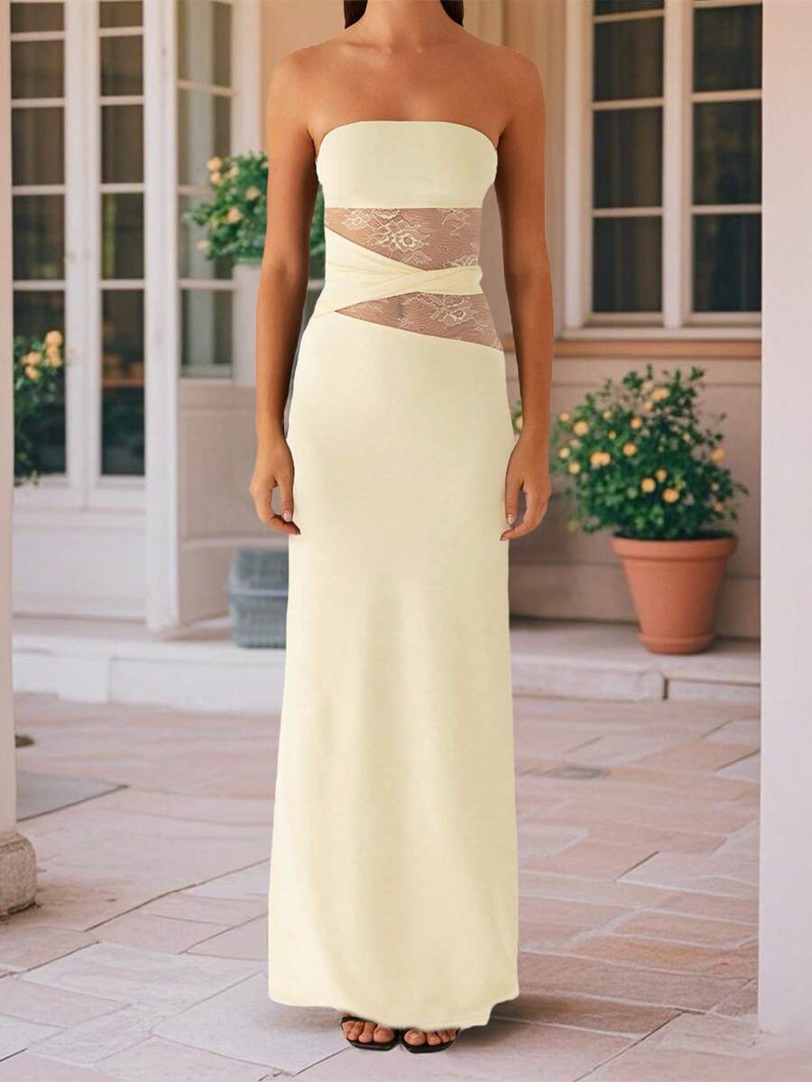 Women's Summer Long Tube Dress Sheer Lace Patchwork Sleeveless Strapless Backless Bodycon Ankle Length Dress - 黃色 - 查看 1