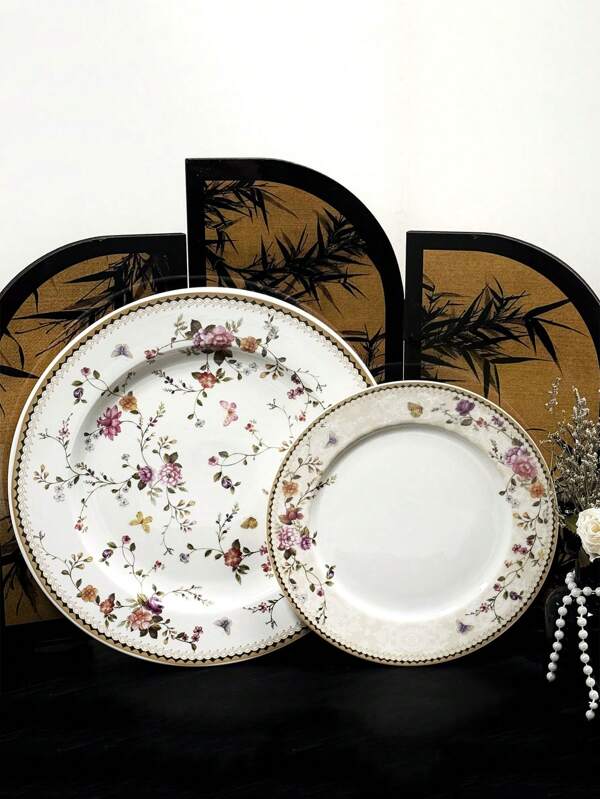 Vintage Red Brown Rose Ceramic Flat Plate Set, Suitable For Afternoon Tea, Western Desserts, Daily Meals And Formal Occasions, Home Kitchen, Restaurant, Sushi, Elegant Home Decor Or Tableware Collection Gift