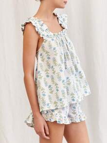Women's Floral Pajama Set 2 Piece Loungewear Cute Ruffle Trim Cami Tank Top And Shorts Set Matching Pjs Set - 藍色 - 查看 2