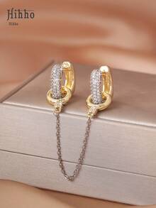 Hihho 1 Cặp trang sức sang trọng, Hoa tai vuông hình chữ U đính đầy đủ, Thủ công mạ điện hai tông màu, Hoa tai chất lượng cao, Hoa tai tua rua dạng xích phù hợp cho trang phục hàng ngày của phụ nữ, đi chơi, tiệc tùng, ngày lễ, quà tặng - Nhiều màu - Xem 3