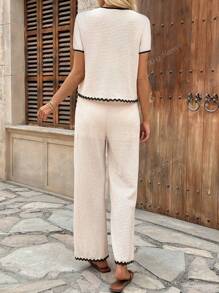 Keke Bloomly Autumn New Color Block Trim Casual Crew Neck Jacquard Knit Short Sleeve Top And Pants Women's 2 Pieces Set, Women's Countryside Outfit, Countryside Music Festival Attire