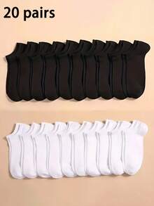 20 Pairs Unisex Solid Color Thin Ankle Socks, Black/White/Gray, Summer, Home/Casual Use - Multicolor - View 3