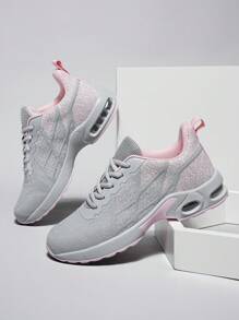 Women's Light Pink Grey Round Toe Lace Up Sneakers Breathable Shock-Absorbing Casual Shoes