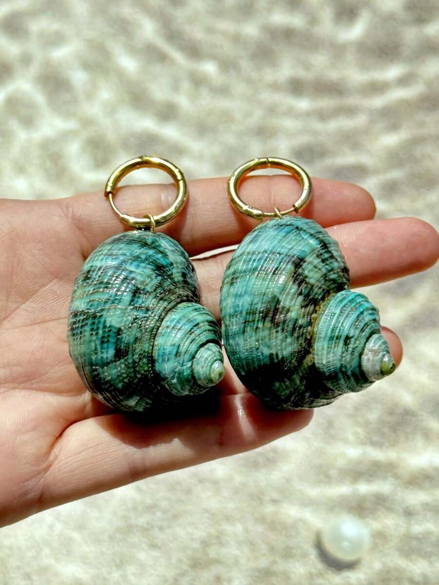 1 对不对称形状天然贝壳不锈钢防水耳环，夏季海滩时尚珠宝，夸张设计天然宝石，适合女性