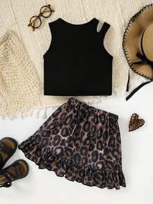2pcs/Set Young Girls Summer Simple Solid Ribbed Hollow Design Sleeveless Crop Top + Minimalist Leopard Print Mini Skirt - Black - View 2