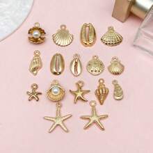 Conjunto de 16 piezas chapadas en oro KC de dijes con forma de conchas y estrellas de mar - Kit de fabricación de joyas DIY para aretes, pulseras, collares y llaveros