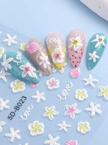 قطعة واحدة من ملصق الأظافر ذو البعد الخامس بتصميم أزهار البحر الصيفية ذات البتلات الوردية والصدف والنجوم البارزة، تزيين فني لأظافر منعم وكاواييي ذاتي اللصق، مستلزمات فن الأظافر DIY
