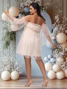 JustVH 孕妇露肩荷叶边袖网眼连衣裙，适合婴儿洗礼拍摄短款礼服