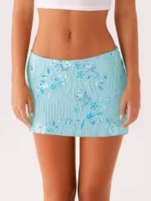 Womens Sequin Beaded Mini Skirt Y2k Sparkly Floral Low Rise Bodycon Short Skirt Pearl Embellished Slim Fit Pencil Skirt Micro Skirt Bling Glitter Rhinestone Going Out Skirts Party Club Streetwear - 藍色 - 查看 1