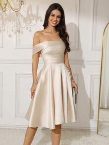 Off Shoulder Satin Ruffle Dress Short A-Line Homecoming Dresses For Teens, Prom Cocktail Party, Graduation, Wedding - Gold - View 7